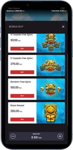 Razor Returns Bonus Buy Auswahl mit Freispiele Optionen