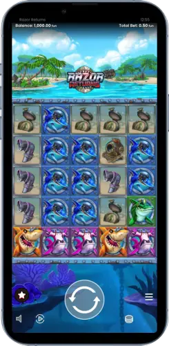 Razor Returns mobile Spieloberfläche mit Walzen und Spin-Button